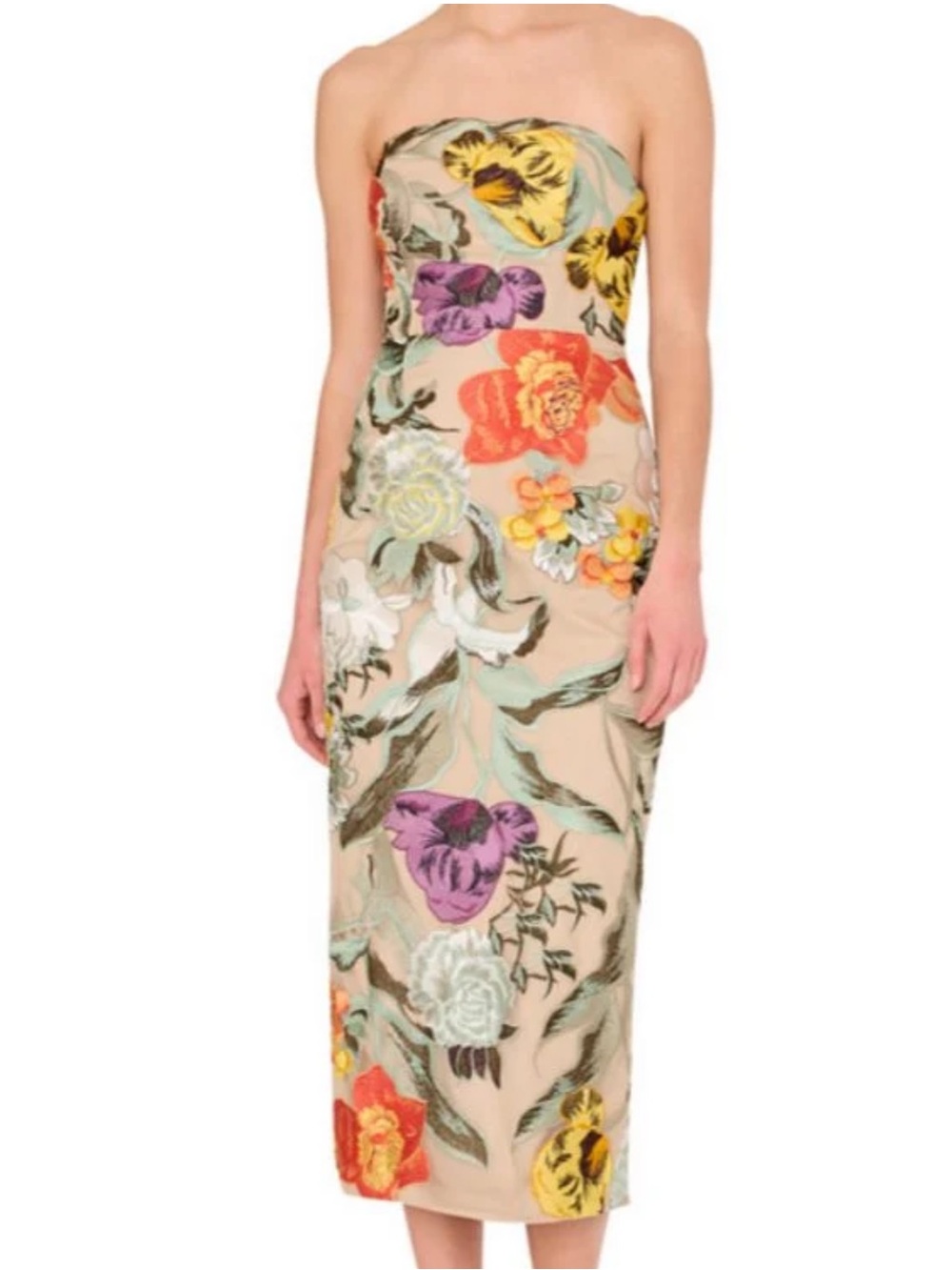 Milly Shiloh Strapless Floral Embroidered Midi Dress